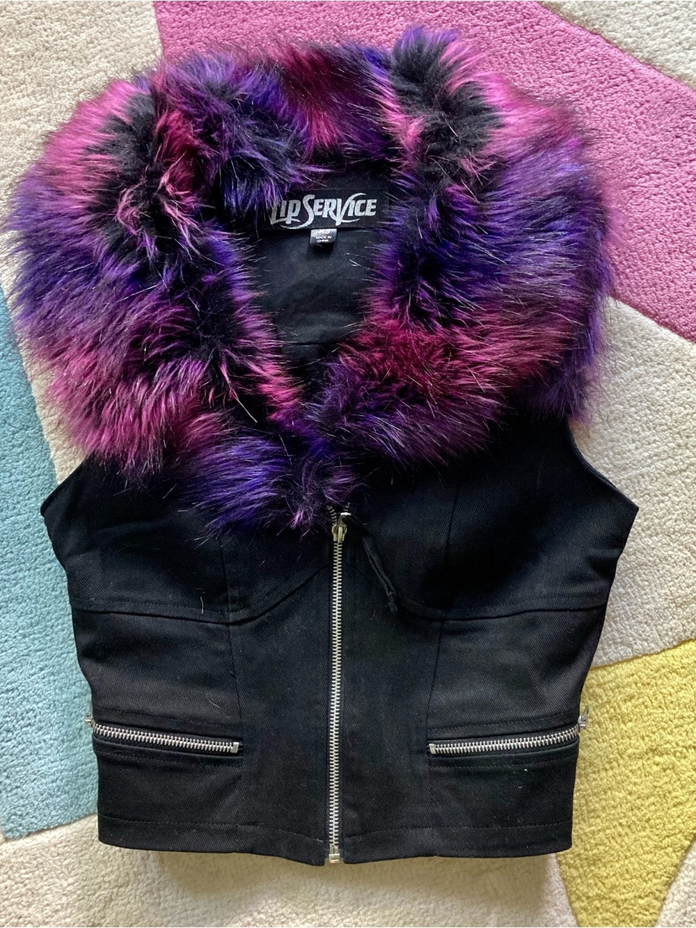 Vintage Lip Service Y2K Black Denim Faux Pink Purple Fur Zipper Cropped Vest XS